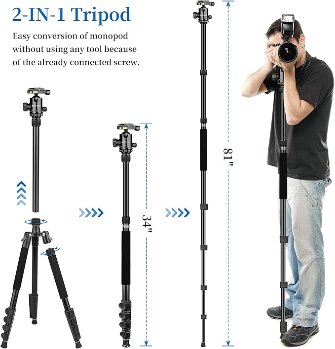 VICTIV 78" Tripod for Camera, Tall DSLR Tripod & Monopods, Professional Heavy Duty Tripod for Spotting Scopes, Binocular, Aluminum Camera Tripods Stand, Compatible with Canon Nikon Sony