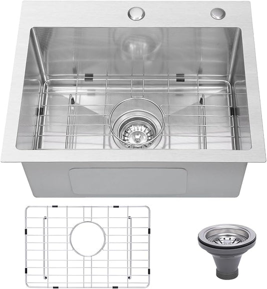Drop In Kitchen Sink 20x16", 9" Basin Depth, 18 Gauge Stainless Steel Sink, 3D Embossed Surface Finish Top Mount with Accessories