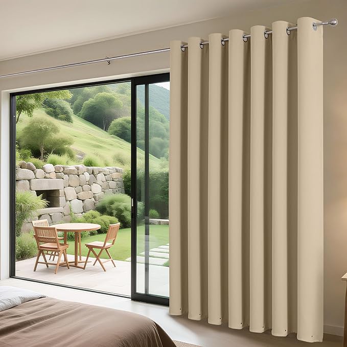 Joydeco Blackout Patio Sliding Door Curtains 84 Inches Long, Grommet Privacy Room Divider Curtains, Extra Wide Thermal Blackout Drapes for Bedroom Living Room (Light Beige, 100Wx84L, 1 Panel)