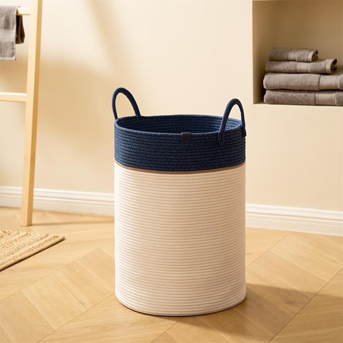 LA JOLIE MUSE Woven Basket Rope Storage Baskets - Large Cotton Organizer, Basket for Baby Blanket, Kids Toy Nursery Laundry Basket Navy Blue XL