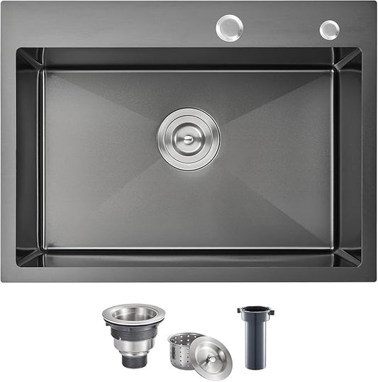 POPFLY 24 Inch Drop In Kitchen Sink, 24×18 Inch Top mount 304 Stainless Steel Bar or Prep Small Single Bowl Sink 18 Gauge Handmade Outdoor Black Rv Sink