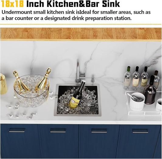 Small Kitchen Sink,18x18 In Bar Sink Stainless Steel Undermount Small Kitchen Sink Ideal Choice For Small Space Nice As Undermount Prep Sink,RV Kitchen Sink With Bottom Grid,Silicon Mat And Drain Set