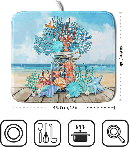 Coastal Coral Dish Drying Mat 16x18 inch Starfish Shell Fast Dry Microfiber - Image 2