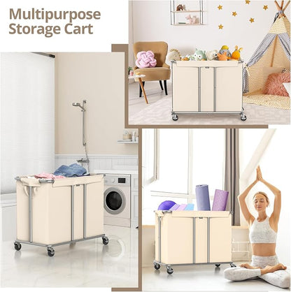 230L Rolling Laundry Hamper, 2-Section Laundry Basket - Image 7