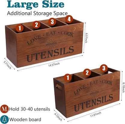 2 PC Wooden Utensil Holder, （With 4-Compartments size*1 + 3-Compartments - Image 2