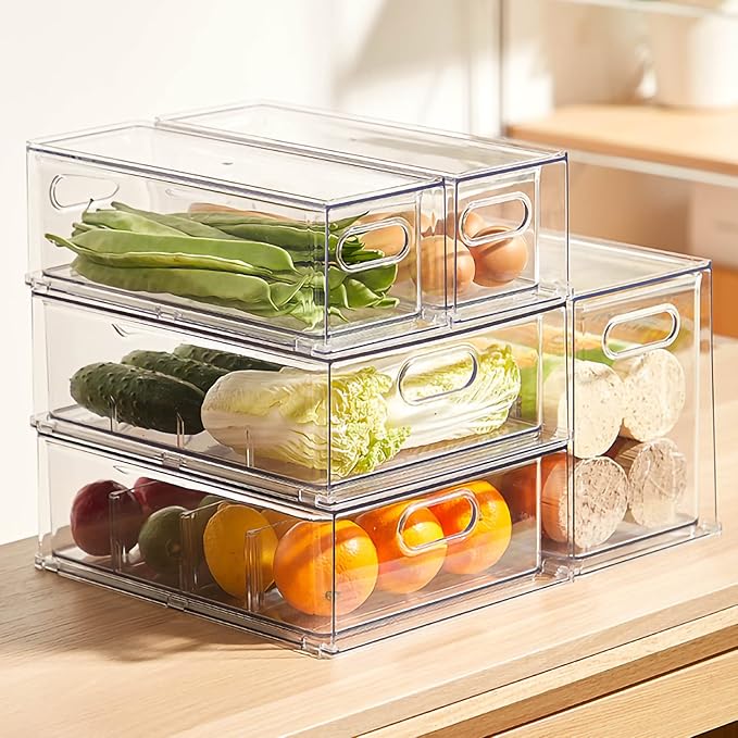 MineSign 4 pack Stackable Fridge Drawers Pull-Out Bins Divided Produce Saver - Image 2