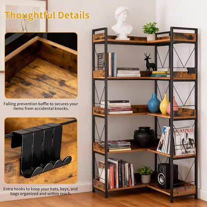 DUMOS 65 inch L Shaped Bookshelf, 5 Tier Corner Bookcase - Image 5