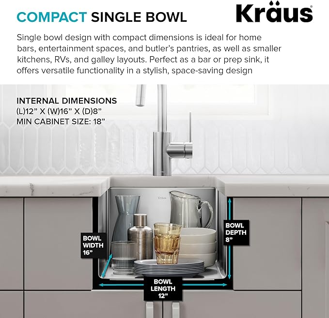 KRAUS Standart Pro 14 -inch Undermount Single Bowl 16 Gauge Stainless Steel Bar Kitchen Sink, KHU101-14
