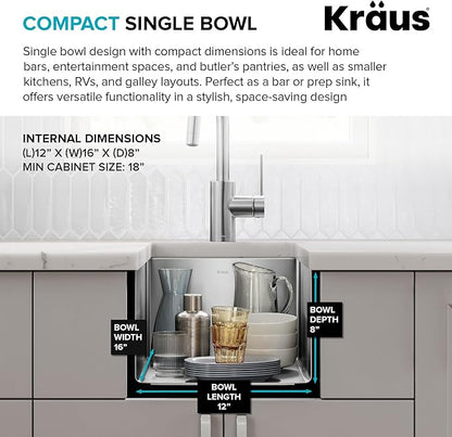 KRAUS Standart Pro 14 -inch Undermount Single Bowl 16 Gauge Stainless Steel Bar Kitchen Sink, KHU101-14