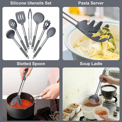 E-far Silicone Cooking Utensils Set, Slotted Turner, Soup Ladle, Pasta Server - Image 3
