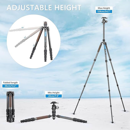 Carbon Fiber Lightweight Travel Tripod with 360° Ball Head, Reverse Folding, Removable Center Column, Folded Height 36cm, Maximum Load 8KG