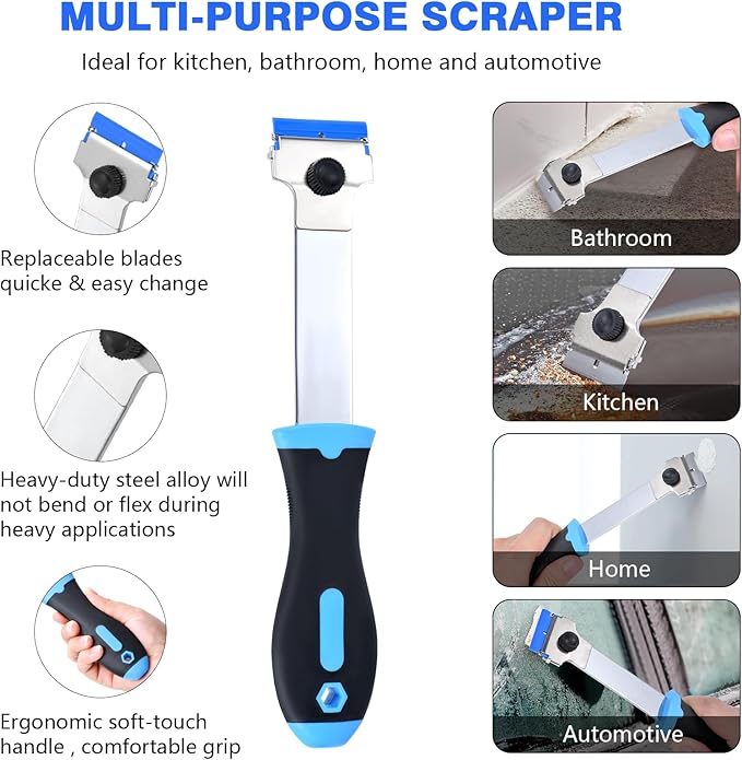Razor Blade Scraper Tool with 10 Pcs Extra Replacement Metal and 10 Pcs Plastic Razor Blades, Long Handle Scraper Tool for Cleaning Cooktop, Paint, Tile, Window Glass Scraper