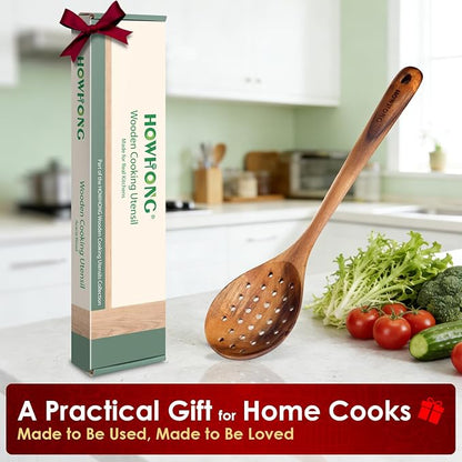 HOWHONG Slotted Spoon Wooden Cooking Utensil, Long Handle Acacia Wood Spoon - Image 7