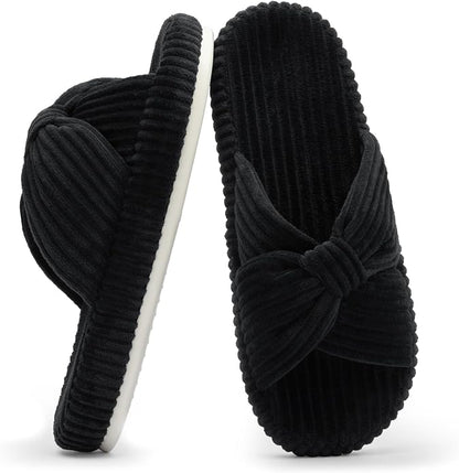 Chantomoo Slippers for Women Memory Foam House Bedroom Corduroy Bow Crossbands by Chantomoo