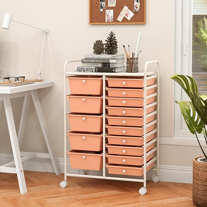 GOFLAME 15-Drawer Rolling Storage Cart, Multipurpose Movable Organizer Cart, Utility Cart for Home, Office, School, Peach Fuzz, 53825HW-GL