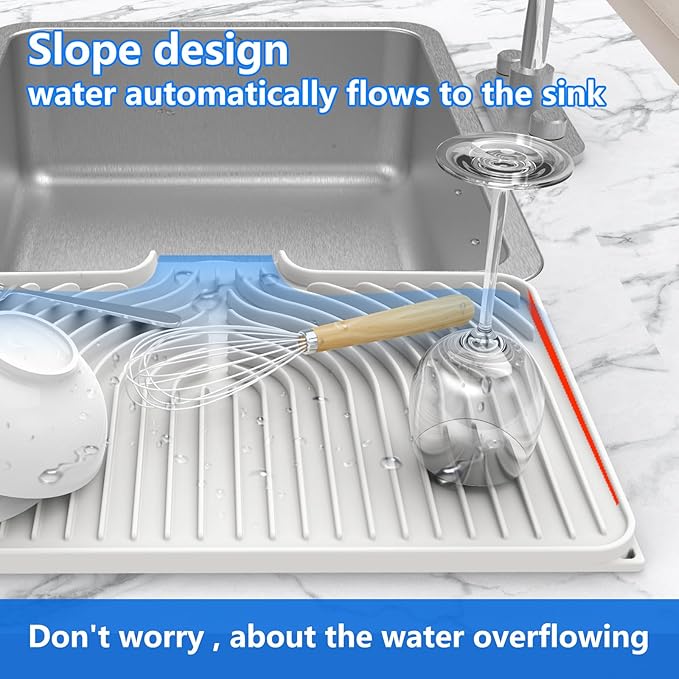 Dish Drying Matt for Kitchen Counter,18"×12"Silicone Dry Rack Mat with Built in Drain, Kitchen Dry Mats for Dishes Drying Pad for Counter(White)