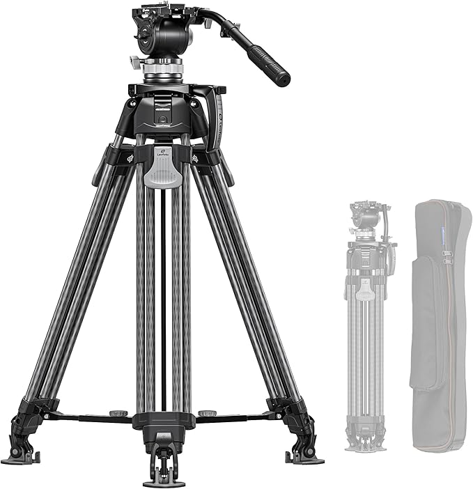 Heavy Duty Carbon Fiber Tripod with Fluid Head, One-Step Unlock System, with Removable Handle and Center Spreader, MaxLoad 8 KG/17.64 LB, Balanced Load 3 KG/6.61 LB (LVF-163C+BV-15)