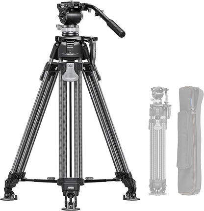 Heavy Duty Carbon Fiber Tripod with Fluid Head, One-Step Unlock System, with Removable Handle and Center Spreader, MaxLoad 8 KG/17.64 LB, Balanced Load 3 KG/6.61 LB (LVF-163C+BV-15)