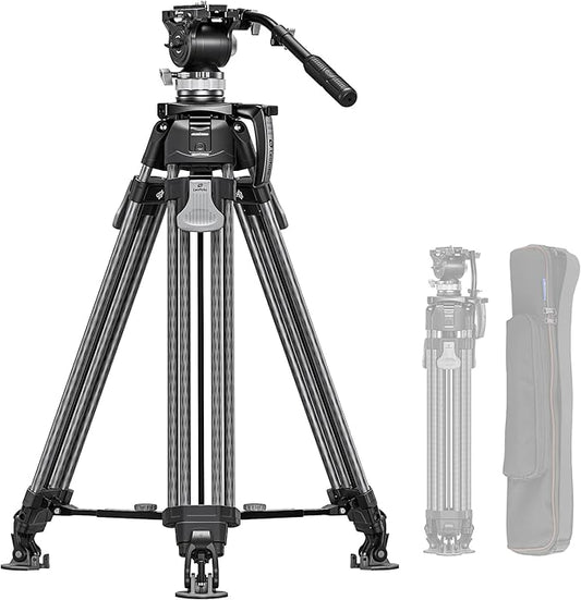 Heavy Duty Carbon Fiber Tripod with Fluid Head, One-Step Unlock System, with Removable Handle and Center Spreader, MaxLoad 8 KG/17.64 LB, Balanced Load 3 KG/6.61 LB (LVF-163C+BV-15)