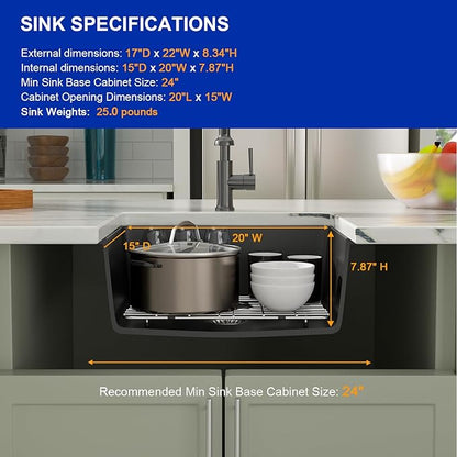 Dcolora 22 Inch Quartz Composite Bar Sink Black Undermount Small Granite Composite Kitchen Sink Prep RV Single Bowl Under Counter, Round Corner, 22"x17", DC-GU7747