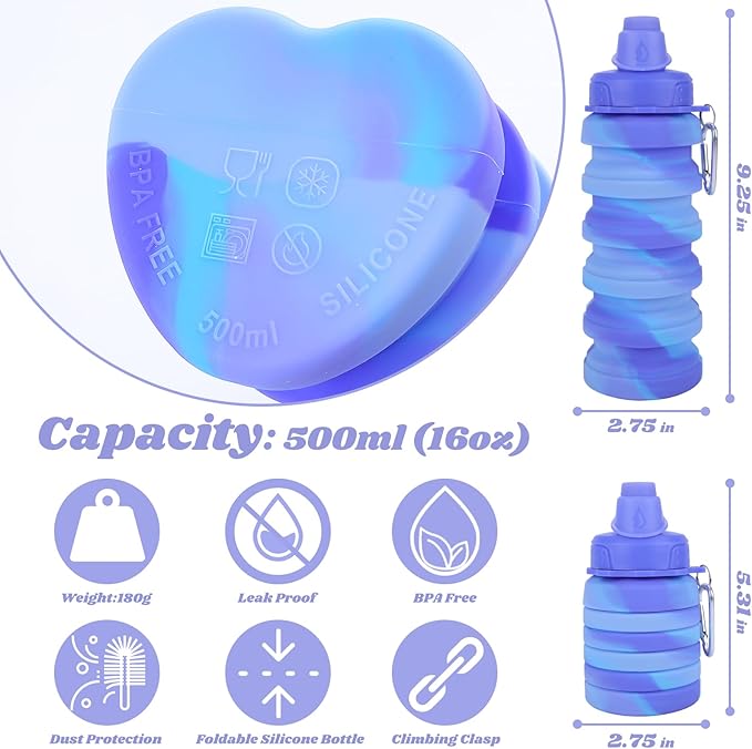 Collapsible Water Bottle for Adults, Boys, Students, Kids, Reusable Silicone Foldable Water Bottles for Travel Camping Hiking Sports,Leak-Proof Portable Sports Water Bottle (Camouflage & Purple)
