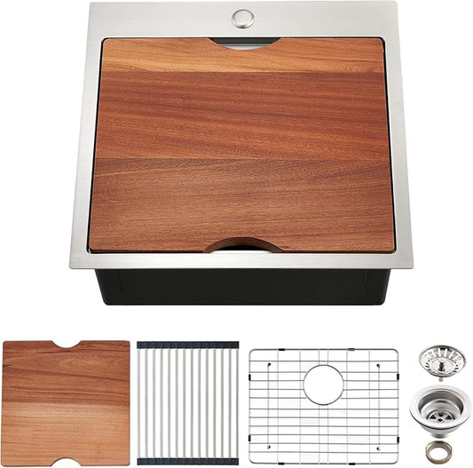 Kitchen Sink, 21 x 20 x 10 Drop in Kitchen Sink 16 Gauge Stainless Steel Kitchen Sinks Single Bowl Workstation Sink with Cutting Board
