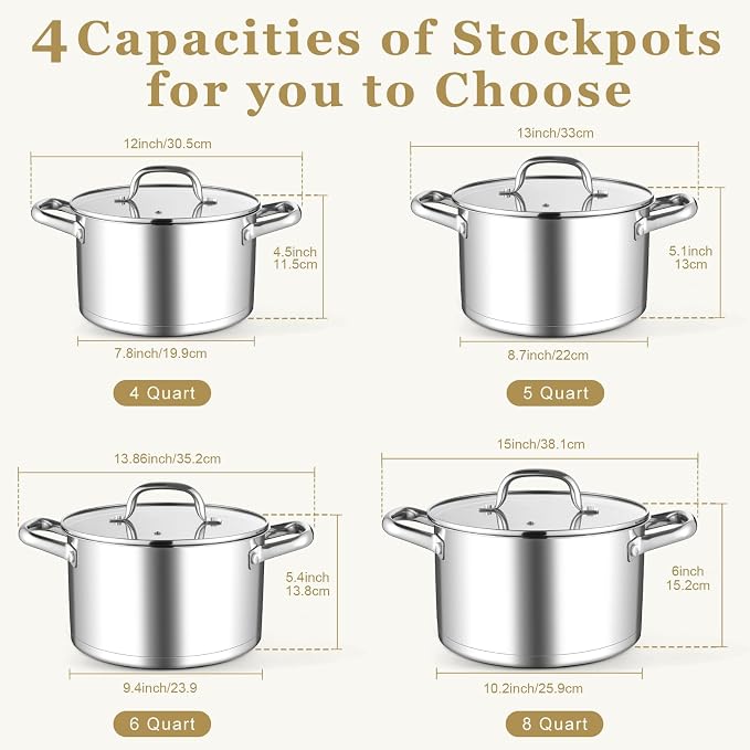 Leonyo 5 Quart Stock Pot with Lid, 18/10 3-ply Stainless Steel Stockpot - Image 9