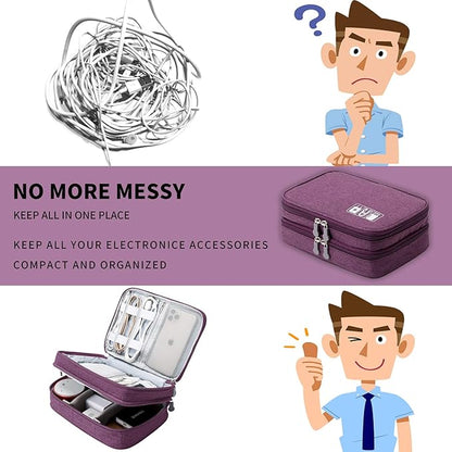 MIRLEWAIY Travel Electronics Organizer Soft Case Small Electronic Accessories Carrying Bag Double-Layer for Cords Phone Chargers Cables Earbuds Adapter Mouse, Purple