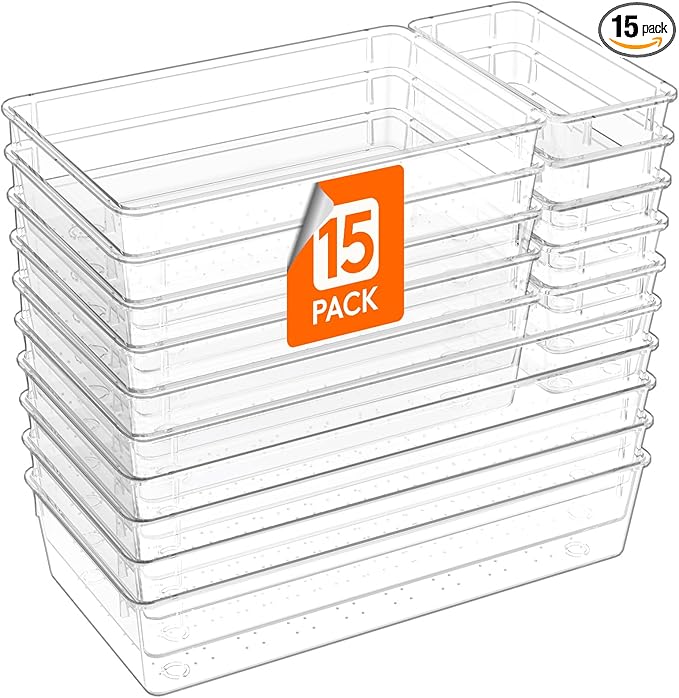 Lifewit 15 Pcs Large Bathroom Drawer Organizers, 3 Sizes Clear Plastic Storage Organizer Trays for Make Up, Kitchen Utensils, Vanity Accessories in Bathroom/Office/Dresser Organization