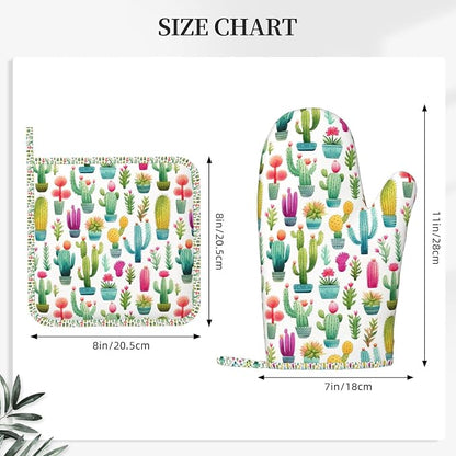 Oven Mitts and Pot Holders Set, Cactus Pattern Watercolor Silicone Kitchen - Image 3