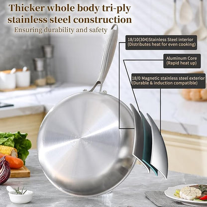 DELARLO Tri-Ply Stainless Steel Pan, 18/10 Frying Pan, Oven Safe Up to 600°F - Image 2