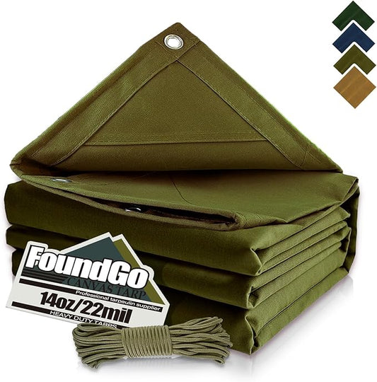 FoundGo Canvas Tarp 10x16ft Heavy Duty Waterresistant Tarps with Grommets, UV Resistant, 22 Mil Tarpaulin,14 oz Durable Cloth Covers for Car, Roof, Boat, Camp, Canopy, Woodpile with Ropes-Moss
