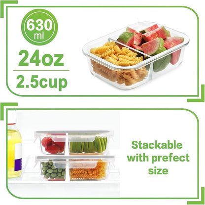HOMBERKING 10 Pack 24oz Glass Meal Prep Containers 2 Compartment, Glass Food - Image 2