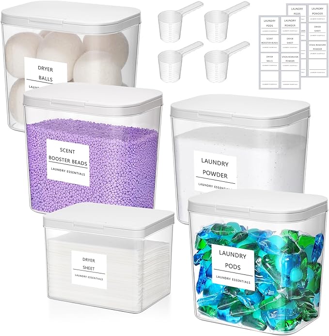 Lifewit 4+1 Laundry Pods Container & Dryer Sheet Holder, Large Powder Detergent Dispenser Storage Jars, Laundry Room Containers for Scent Booster Beads with Pop up Lids, Labels and Scoop