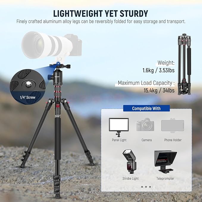 NEEWER 77” Camera Tripod Monopod with Phone Holder, Portable Travel Tripod with Remote, 360° Ball Head, 2 Axis Center Column, Arca QR Plate and Bag, Aluminum DSLR Tripod 34lb Max Load, TP77