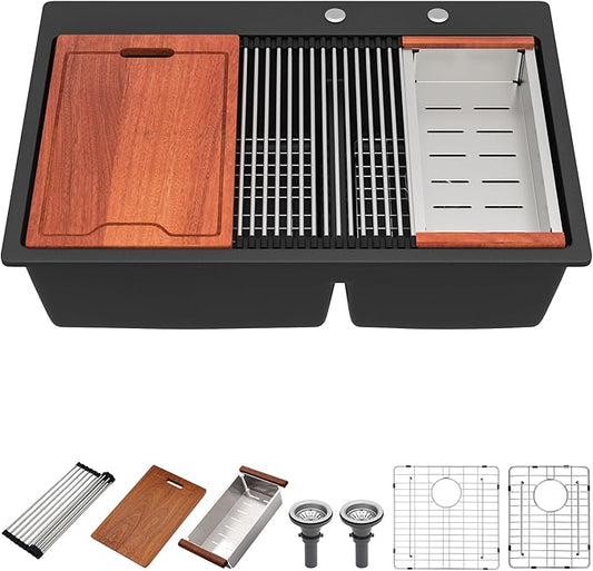 33 Inch Drop in Granite Composite Black Kitchen Sink-Donsdey Double Bowl Topmount 60/40 Basin Quartz Workstation Sink with Luxury Accessories Easy Cleaning Noise Reduction