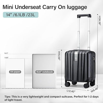 Hanke 14 Inch Underseat Carry On Luggage with Wheels Hard Shell Suitcases Carry On Bag Lightweight Small Mini Suitcase Tsa Luggage for Travel.（Jet Black）