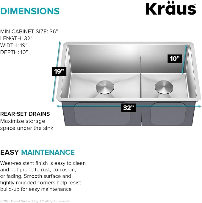 Kraus Kitchen Sinks Undermount - 32 Inch Stainless Steel Kitchen Sink, 60/40 Double Bowl, 16 Gauge, Model KHU103-32