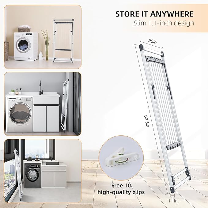 Clothes Drying Rack, Foldable Laundry Rack for Indoor Outdoor, 10pcs Sock Clips, Collapsible Space-Saving Drying Rack for Clothes Towels Dolls