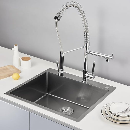 POPFLY 25x22 Inch Drop In Kitchen Sink, 25 Inch Top Mount 9 Inch Deep Single Bowl Utility Laundry SInks 18 Gauge Stainless Steel Outdoor Black Sink with 2 Holes