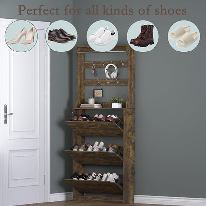 Shoe Cabinet with 3 Flip Drawers & Coat Rack, Narrow Hidden Shoe Storage Cabinet - Image 4