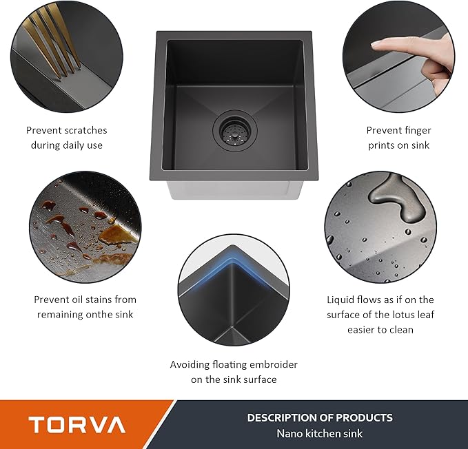 TORVA 14 x 14 Inch Gloss Black Undermount Kitchen Sink, PVD Coated Gunmetal Sink，16 Gauge T-304 Stainless Steel Single Bowl Wet Bar or Prep Sink with Zero-Radius Corners, Dark Grey