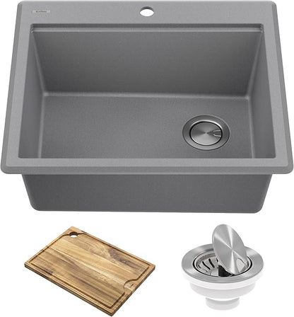 KRAUS Bellucci 25-inch Granite Workstation Drop In Top Mount Single Bowl Kitchen Sink in Metallic Grey with Accessories, KGTW12-25MGR