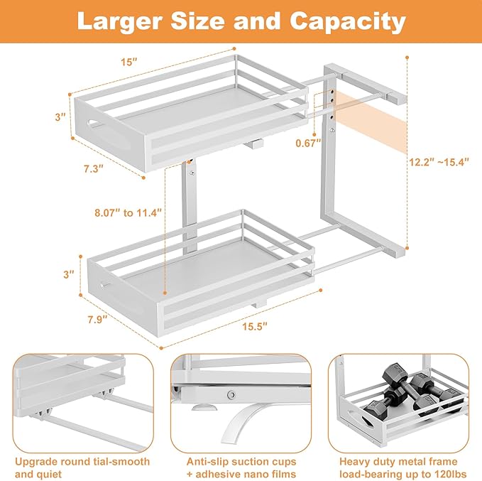 Under Sink Organizer, 2 Tier Under Sink Organizers and Storage, Adjustable Height, Slide out Metal Cabinet Organizers, Pull out Cabinet Storage Drawer Shelf for Kitchen Bathroom White, 2 Pack