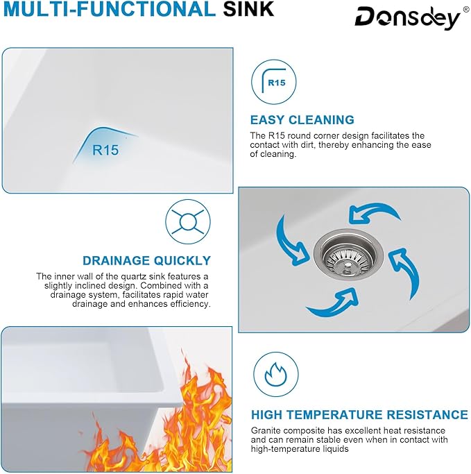 33 Inch Undermount White Granite Composite Kitchen Sink Under Counter Quartz Single Bowl Sink Workstation Sinks with Accessories Quick Drain Noise Reduction Home Renovation Classic Style