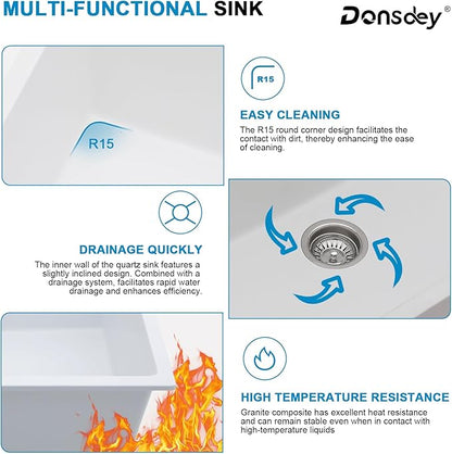 33 Inch Undermount White Granite Composite Kitchen Sink Under Counter Quartz Single Bowl Sink Workstation Sinks with Accessories Quick Drain Noise Reduction Home Renovation Classic Style