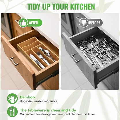 Small Silverware Organizer, Bamboo Kitchen Drawer Cutlery Organizer, Utensil - Image 3