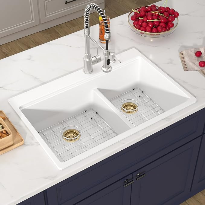 33 Inch Double Bowl White Kitchen Sinks 33x22 Granite Composite Dorp In 60/40 Basin with Luxury Accessories Quartz Workstation Sinks with Noise Reduction Durable and Hard Gold Accessoris Sink