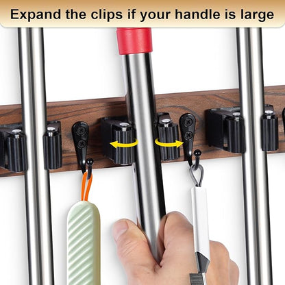 Broom Holder Wall Mount With 5 Slots & 4 Hooks，Rustic Wood Broom & Mop - Image 6