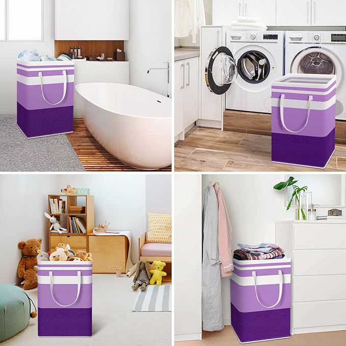 HomeHacks 2 Pack Large Laundry Baskets, Waterproof, Freestanding Laundry Hampers, Collapsible Clothes Hamper with Reinforced Handles in Laundry, College Dorm, Bathroom, Bedroom (Purple, 75Lx2)
